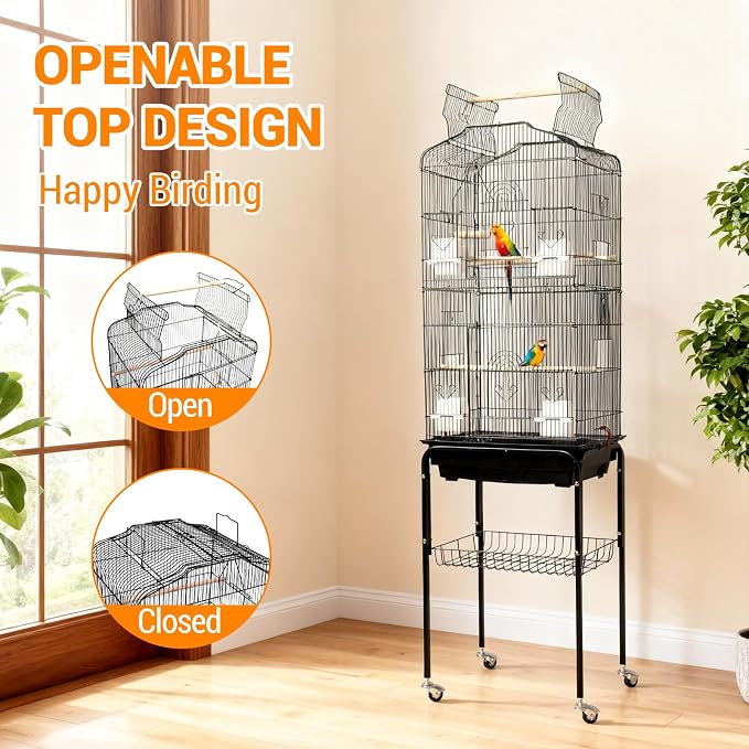 Garvee Open Top Large Parrot Bird Cage, Hanging Bird Cage with Detachable Rolling Stand and Storage Shelf, Playtop Parrot Cages Heavy-Duty Pet Birds House for Cockatiel Black - Image 7