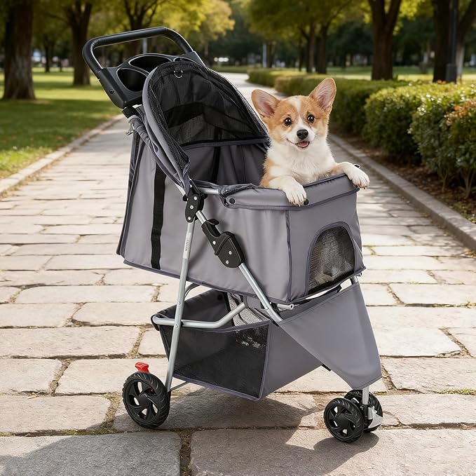 NEWBULIG 3 Wheel Pet Stroller for Dogs and Cats, Foldable, Lightweight and Durable, Ideal for Small to Medium Pets, Includes Storage Basket and Cup Holders