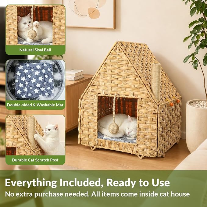 Handwoven Rattan Cat Bed for Indoor Kitten, Cat Cave Bed with Sisal Ball, Cushion & Cat Scratch Post, Foldable Hideaway Cat Hut in Bedroom Living Room, Natural - Image 3
