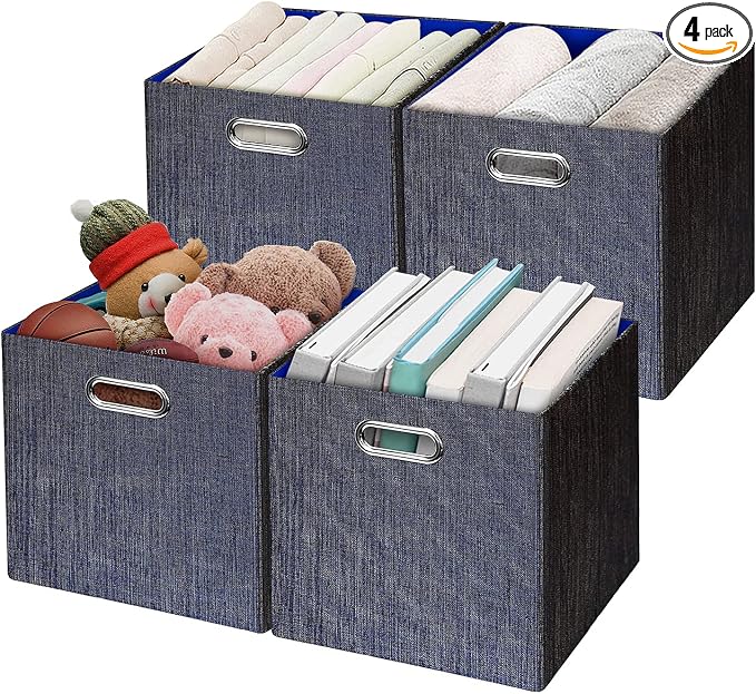Posprica Storage Cube Basket Bins,13×13 Foldable Storage Containers for Shelf Cabinet Bookcase Boxes,Thick and Heavy Duty Fabric Drawer (4pcs, blue) by Posprica