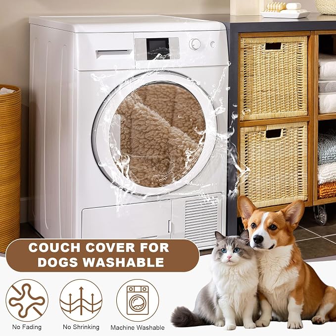 STACYPIK Plush Sherpa Khaki Pets Couch Cover, Non Slip Geometric Sofa Cover for Sectional, Washable Furniture Protector for 2 Cushion Couch, Multi-use Dogs Bed Mat Pet Friendly-27.6x59.1IN - Image 5
