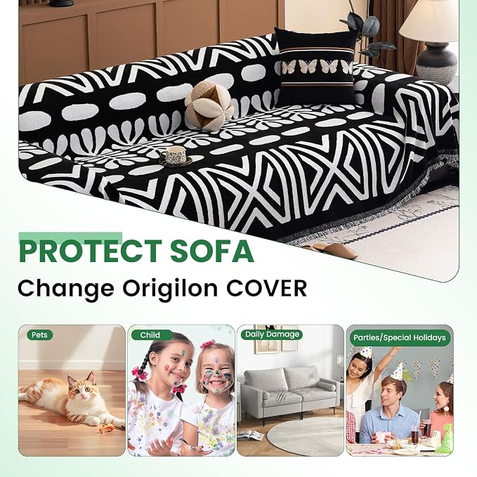 STACYPIK Boho White Geometric Sofa Cover Dog Couch Cushion for Pets L Shape Sofa Slipcovers Non Slip Couch Cover for Sectional Oversized Sofa Protector for 3 Cushion Couch Sofa Throws Blanket-71X150IN - Image 2