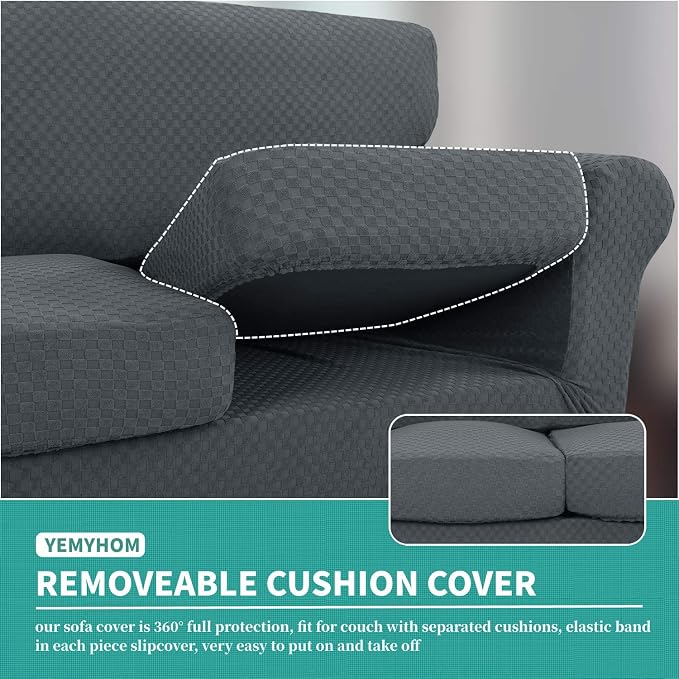 YEMYHOM Latest Checkered 4 Pieces Couch Covers for 3 Cushion Couch High Stretch Thickened Sofa Cover for Dogs Pets Elastic Slipcovers Living Room Furniture Protector (Dark Gray), 71"-91"(3 Cushions) - Image 4