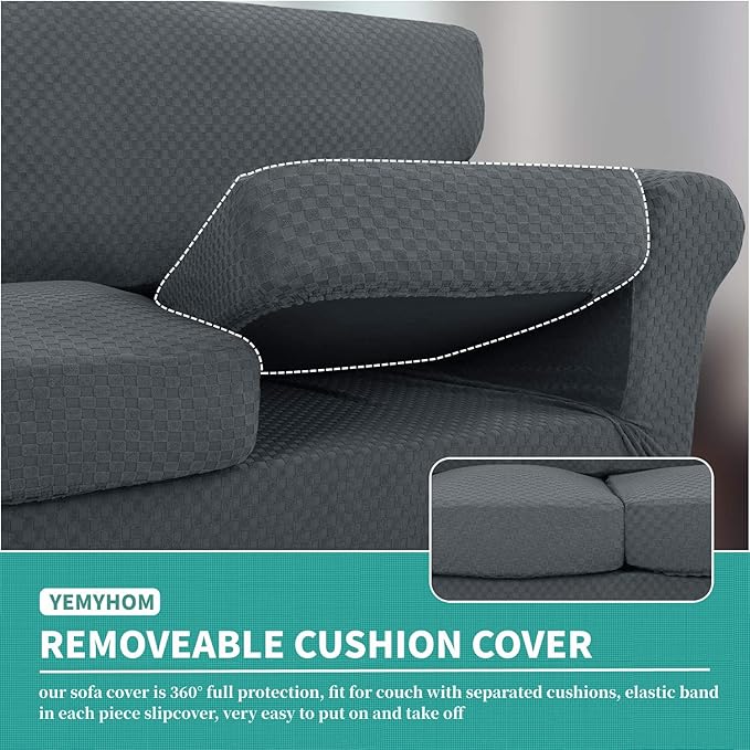 YEMYHOM Latest Checkered 4 Pieces Couch Covers for 3 Cushion Couch High Stretch Thickened Sofa Cover for Dogs Pets Elastic Slipcovers Living Room Furniture Protector (Dark Gray), 71"-91"(3 Cushions) - Image 4