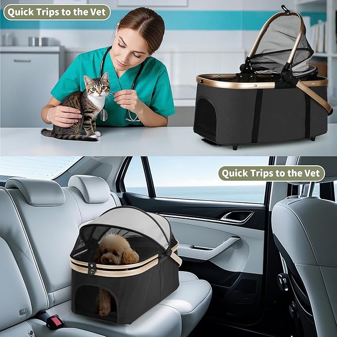 Double Pet Stroller for Dogs and Cats: Dog Stroller Foldable Travel Carriage with Detachable Carriers, Safety Belts, and 4 Lockable Wheels for Small to Medium Pets – Ideal for Multi-Pet Homes (Black)