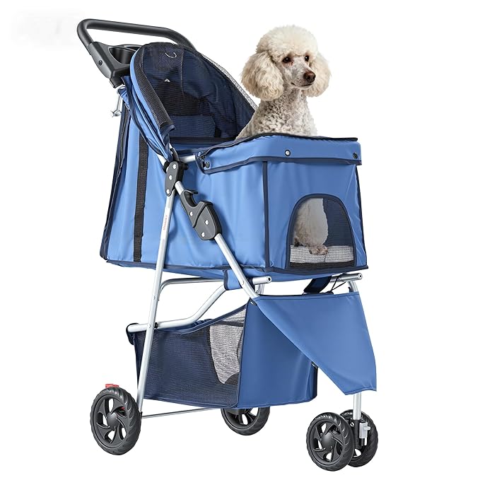 NEWBULIG 3 Wheel Pet Stroller for Dogs and Cats, Foldable, Lightweight and Durable, Ideal for Small to Medium Pets, Includes Storage Basket and Cup Holders