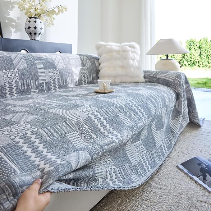 DREAMINGO Vintage Patchwork 3-Layer Gauze Geometric Jacquard Sofa Cover, Farmhouse Couch Cover Blanket for 3 Seater, Living Room Washable Furniture Protector, Dark Grey, 91"x134" - Image 3