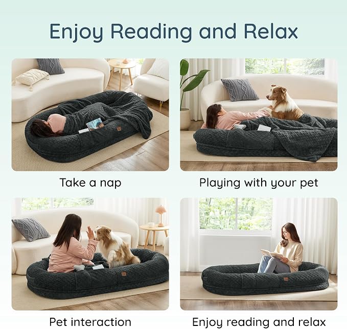 ChiXnuggle Orthopedic Human Dog Bed,with Faux Fur Washable Cover,Blanket | dark grey,72*40*10,giant dog bed for adult or extra large dogs,egg crate foam,non-slip bottom - Image 7