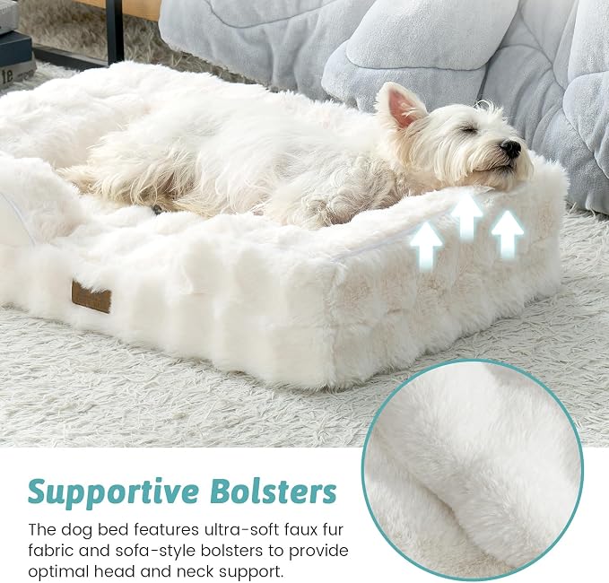 COZY KISS Orthopedic Dog Bed for Large Medium Size Dog, Soft and Warm Faux Fur Sofa for Pet Up to 75 lbs, Foam Bolster Anti-Slip Couch with Washable Removable Cover, L 36x27x6.5 inch, Beige - Image 4
