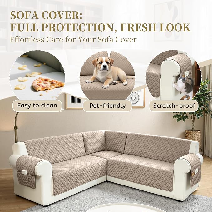 Sectional Couch Covers for Dogs 100% Waterproof Corner L Shaped Sofa Cover Pet Friendly Velvet Washable Anti Slip L Shape Modular Sofa Slipcover Protector with Pockets (Khaki, Small) - Image 4