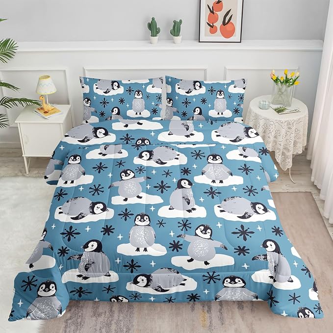 Cartoon Penguin Comforter Set Antarctica Animals Wildlife Printed Bedding Set with 1 Comforter and 2 Pillowcases for Boys and Girls Bedroom All Season(Penguin Full) by SmellSunshine