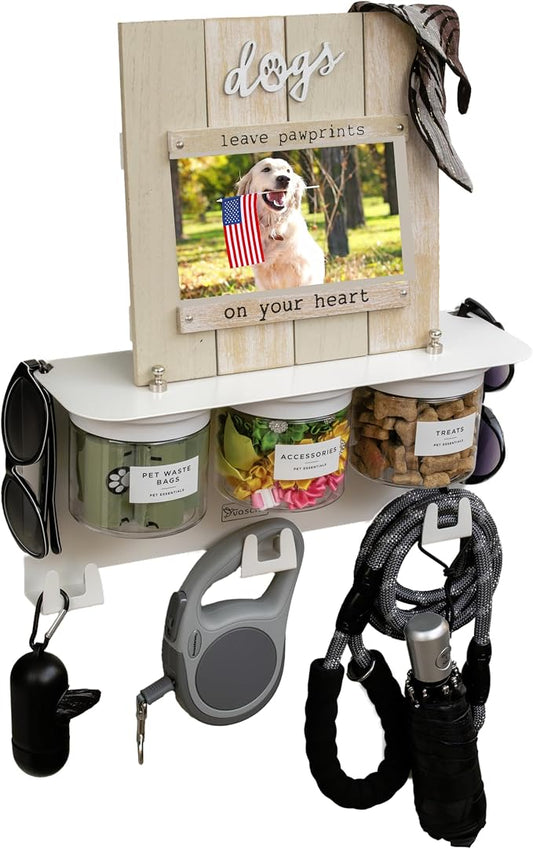 Dog Treat Holder For Wall Storage For Pets, Premium Pet Wall Organizer, Includes Three 16oz Airtight Dog Treat Jars, 3 Sets of Triple Hooks, Sturdy Shelf in Designer White by Vascito