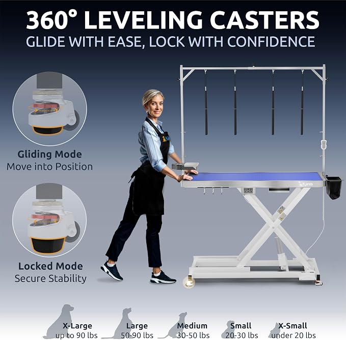KANIS Professional Electric Dog Grooming Table - Heavy Duty | Height Adjustable Pet Grooming Table w/Leveling Wheels, Dog Grooming Arm, Anti-Slip Tabletop & Tool Organizer (White, 49") - Image 3