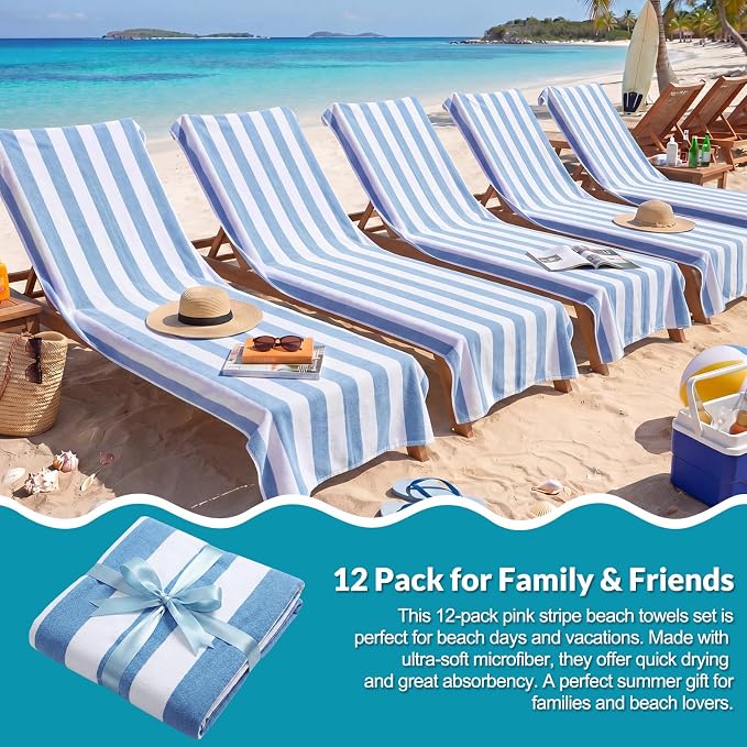 Frienda 12 Pack Blue Striped Beach Towels 71''x 32'' Large Microfiber Quick Dry Absorbent Bath Towels for Swimming Pool Beach Cruise Travel Gym Supplies - Image 5