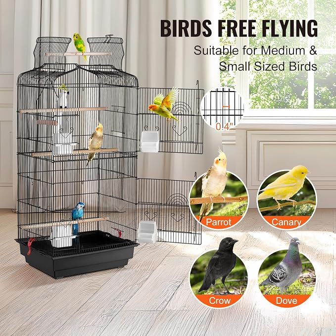 VEVOR 41-inch Open Top Large Parrot Bird Cage, Hanging Bird Cage for Parakeets Finches Canaries Lovebirds Cockatiels Budgies Small Quaker Conures Travel Pet Flight Birdcage with Swing and Perch - Image 4