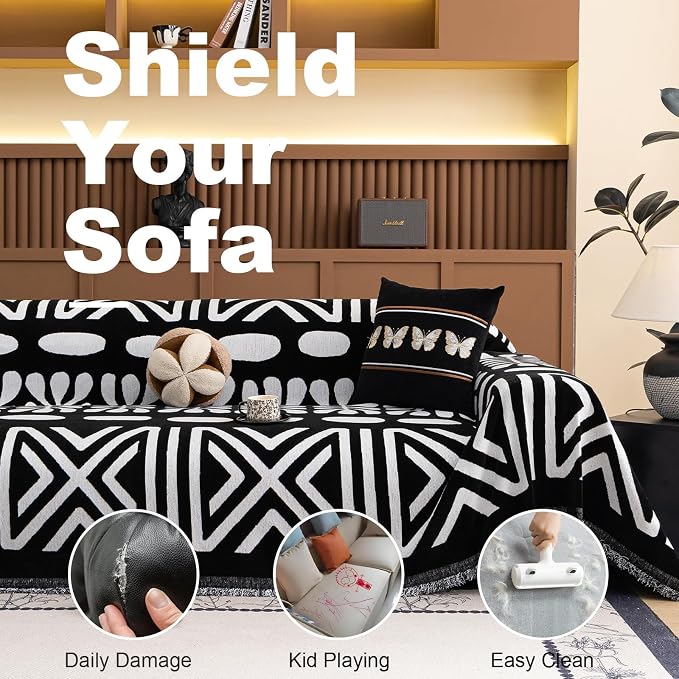 VClife Minimalism Tribal Couch Cover Non Slip White Black Geometric Jacquard Sofa Cover Washable Bohemian Style Aztec Couch Slipcover for Sectional Couch Chenille Furniture Protector 71''x118'' - Image 4