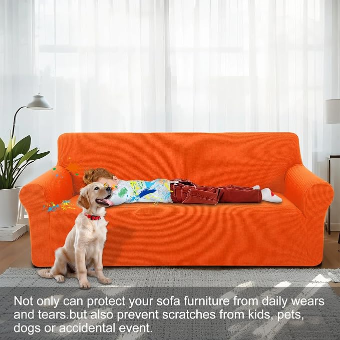 Stretch Oversized Sofa Couch Cover Washable Slipcover, Orange | 1-Piece X-large Sofa Cover For 3 Cushion,Furniture Protector Couch Cover For Dogs, Polyester Spandex Jacquard fabric - Image 2
