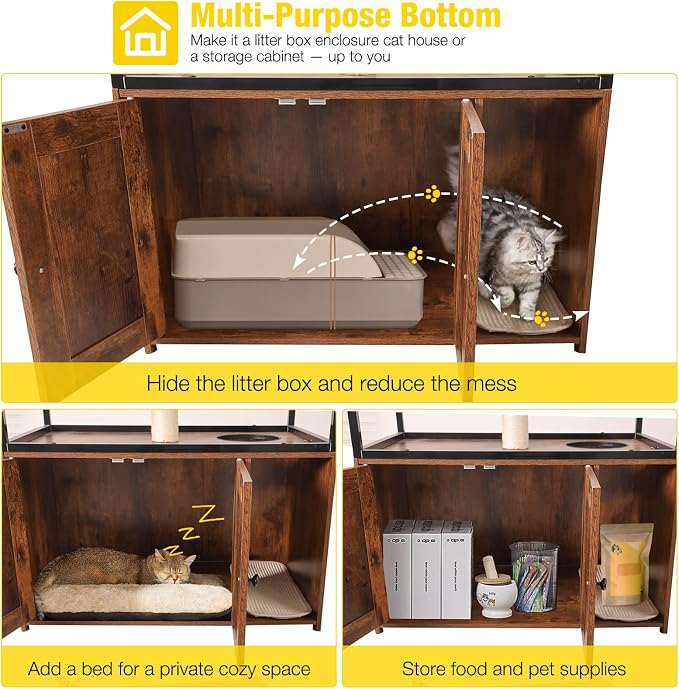 Aivituvin Cat Litter Box Enclosure, Litter Box Furniture Hidden, Wooden Cat Washroom Furniture, Indoor Cats House with Condo, Hammock, Scratching Mat and Storage Shelves - Image 4
