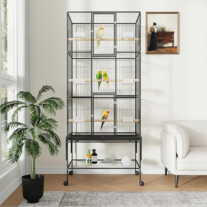 69" H Large Bird Cage, Bird Cage with 3-Tier Platforms, Ladders, Perches, Feeder, Wide Birdcage for Parakeets, Conures, Lovebirds, Quaker, Cockatiels, Budgie, Black - Image 3