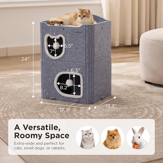 Joydeco Cat House for Indoor Cats, 2 Story Scratch Resistant Felt Cat Condo, Hideaway Pet Cave Bed with Fluffy Ball and Tunnel for Kitten, Small Dogs, Rabbits, 17.7 x 13.3 x 24, Grey - Image 6