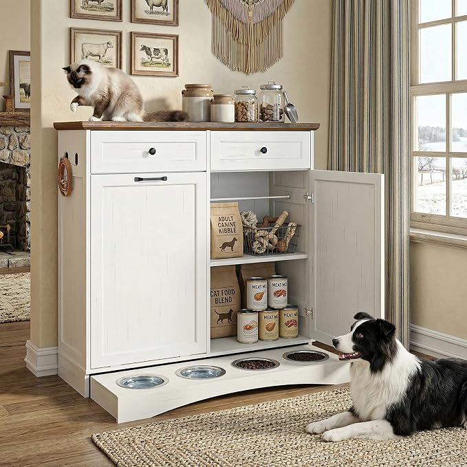 Furnaza Pet Feeding Station with 4 Bowls, Dual Doors Dog Cabinet Storage | White 39.7"W Dual Doors Pet feeding station with storage for dogs and cats, Pet Food Storage for Kitchen, Living Room - Image 3