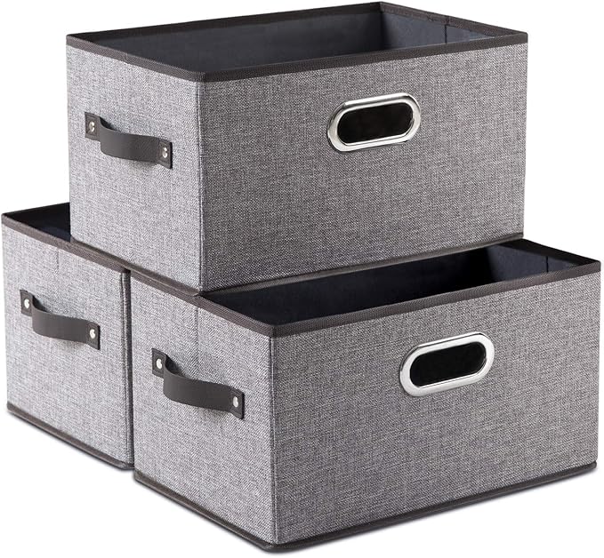 PRANDOM Large Foldable Storage Bins for Shelves [3-pack] Decorative Linen Fabric Storage Baskets Cubes with Leather/Metal Handles for Closet Nursery Office Grey and Black Trim (14.9x9.8x8.3 Inch) by Prandom