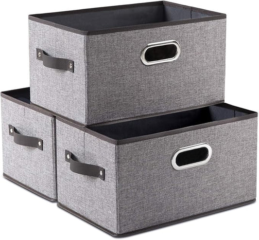 PRANDOM Large Foldable Storage Bins for Shelves [3-pack] Decorative Linen Fabric Storage Baskets Cubes with Leather/Metal Handles for Closet Nursery Office Grey and Black Trim (14.9x9.8x8.3 Inch) by Prandom