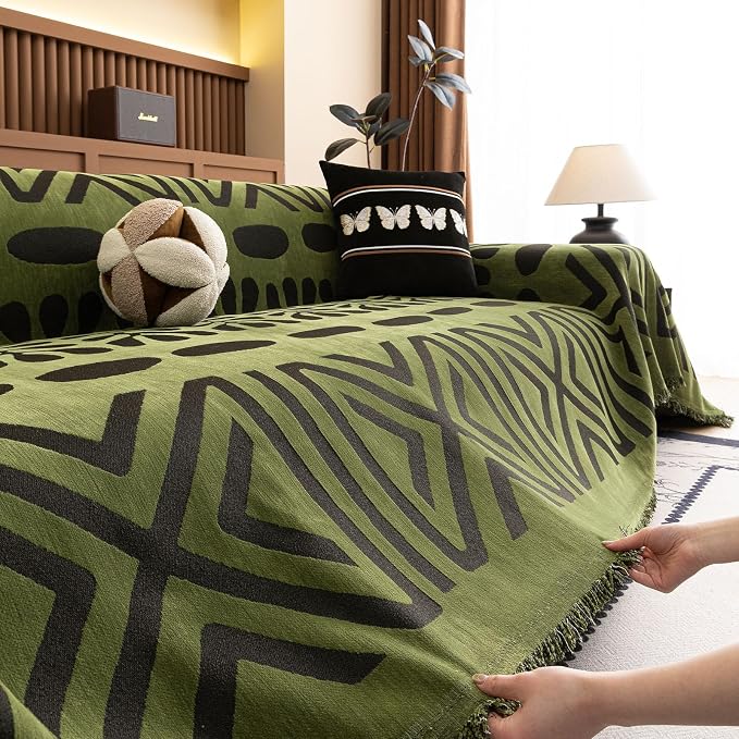 VClife Bohemian Green and Black Couch Cover Western Aztec Sofa Cover for 2 Cushion Couch Sofa Washable Chenille Sofa Slipcover Boho Non Slip Geometric Couch Covers for Sectional Sofa 71''x118'' - Image 8