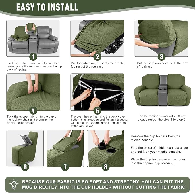 KinCam Loveseat Recliner Covers with Middle Console Slipcover, Olive Green | Stretch Recliner Sofa Covers for 2 Seat Couch Cover, Jacquard Furniture Protector Covers with Elastic Bottom for Kids, Pets - Image 5