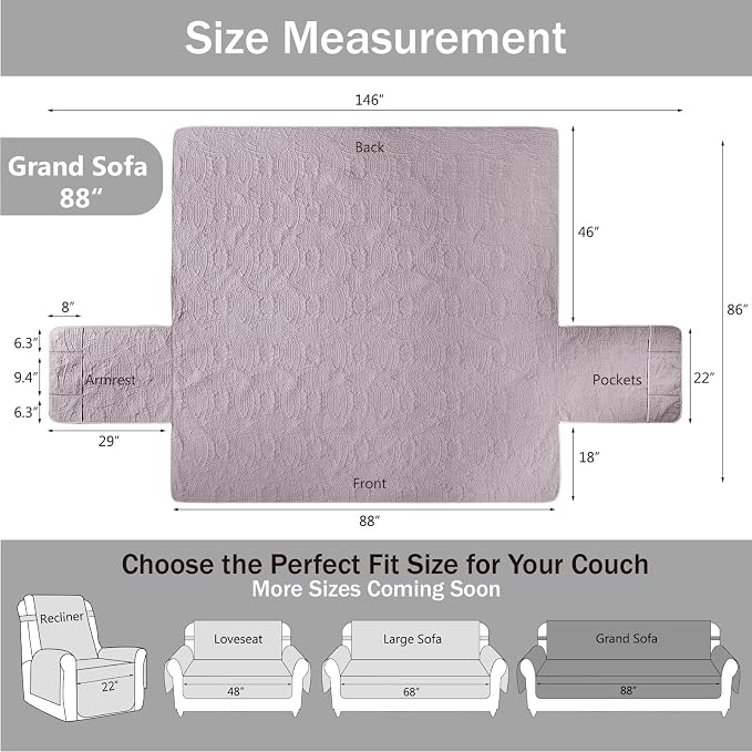 Quilted Grand Sofa Covers Washable, Couch Cover for Grand Sofa, Soft Cozy Couch Protector for 4 Cushion Couch, Oversized Grand Sofa Slipcovers Water-Repellent (Grand Sofa 88", Cloud Purple) - Image 7