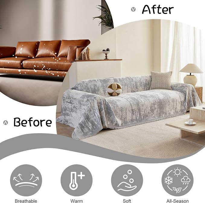 VClife Boho Couch Cover, Non Slip Soft Couch Covers for 2 Cushion Couch Sofa Pet Friendly, Irregular Vintage Light Grey Off-White Scraped Texture Furniture Protector Slipcover for Dog, 71" X 118" - Image 4
