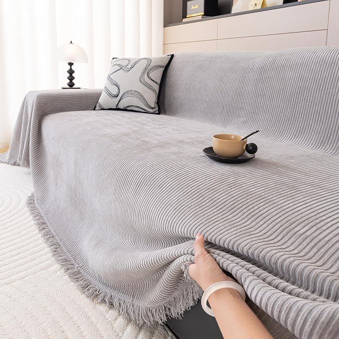 DREAMINGO Modern Minimalist Sofa Covers Washable Pet Furniture Protector Couch Cover for Dogs Cozy Chenille Couch Cover Blanket Stripe Textured Sectional Couch Slipcovers (Large, Light Grey) - Image 4
