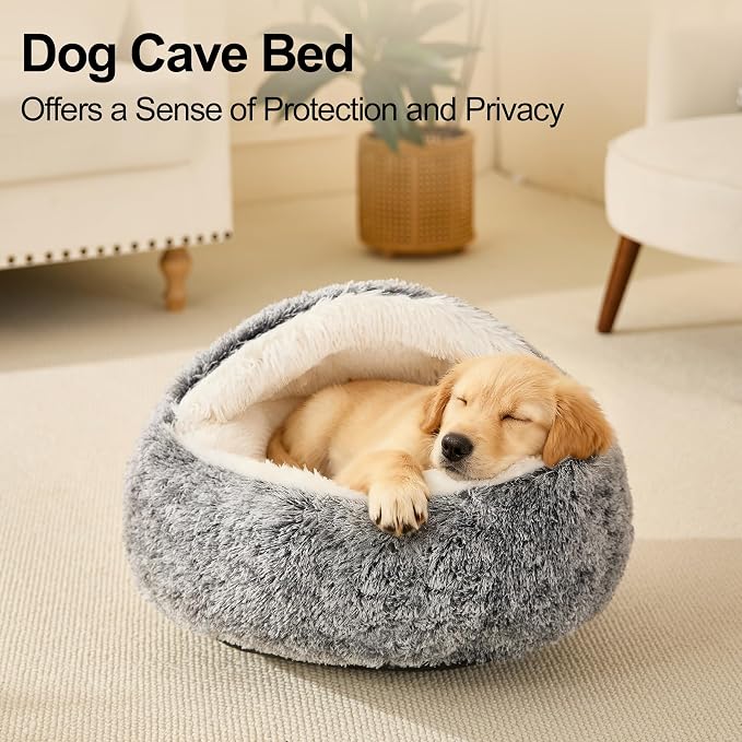 Calming Dog Beds & Cat Cave Bed with Hooded Cover,Removable Washable Round Beds for Small Medium Pets,Anti-Slip Faux Fur Fluffy Coved Bed for Improved Sleep,Fits up to 15/25 lbs(Grey,M) - Image 3