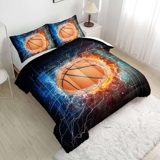 Nttopship Basketball Comforter Sets King Size， Bedding Sets for Kids,Flame and Basketball Comforter Sets All Season 1 Comforter and 2 Pillowcases - Image 8