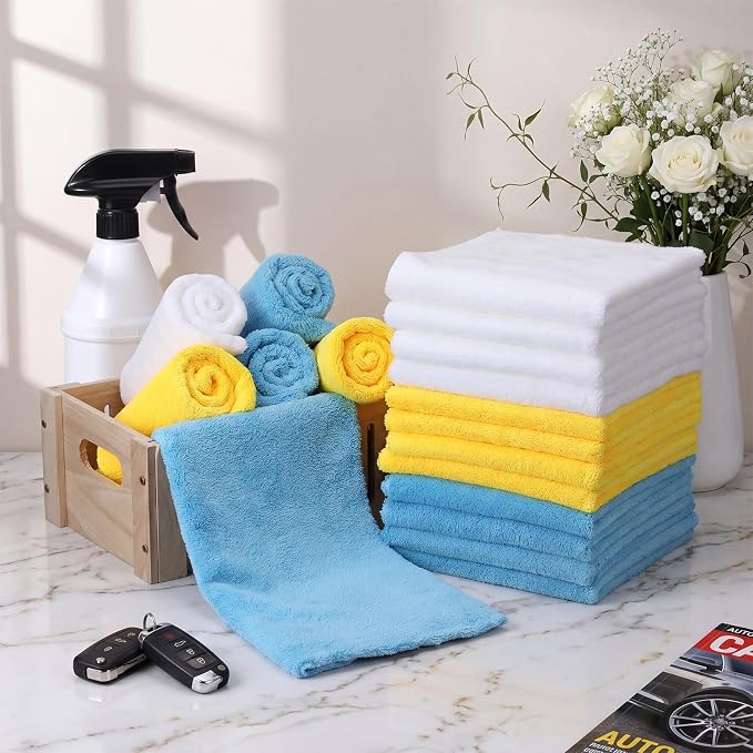 Shimeyao 30 Pcs 16 x 16 Inch edgeless Microfiber Plush Towels for Cars Detailing Drying Wash Polishing Absorbent Cleaning Cloths, 500 GSM (Light Blue, White, Yellow) - Image 5
