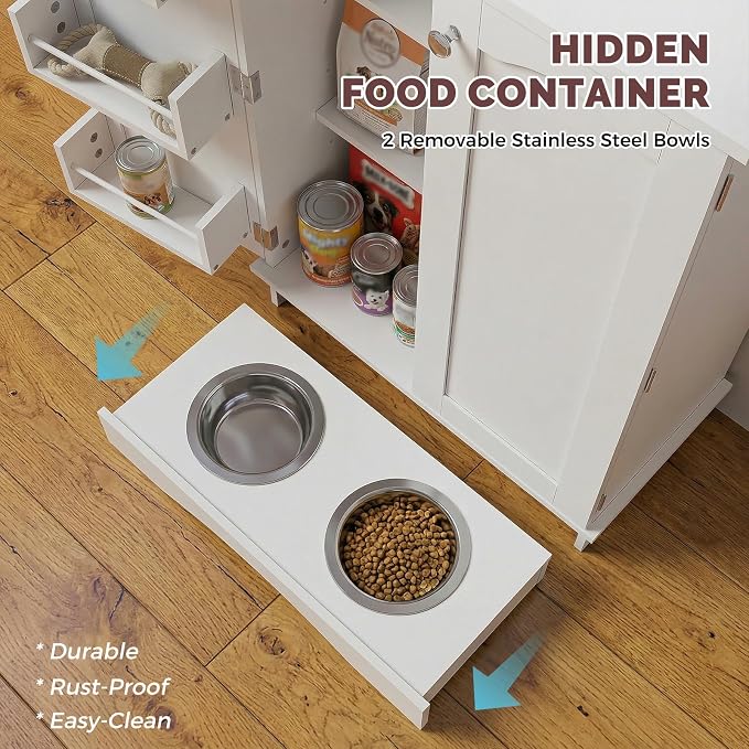 NEWOWNDS 32" H Dog Feeding Station with Storage with Adjustable Shelves | Pet Food Storage Cabinet with 2 Elevated Bowls,Hooks & Letter Stickers,Hidden Dog Feeding Organizer for Cats and Dogs,White - Image 6