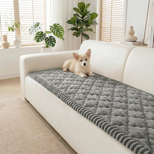 Non-Slip Washable Couch Cover for Dogs, Thick Plush Grid Flannel | 27.6"x82.7", Light Gray, 0.8" Thick, Rubber Dot Backing, Pet-Friendly Protector for Sofa, Floor, Window Seat, Car or Camping by Unknown