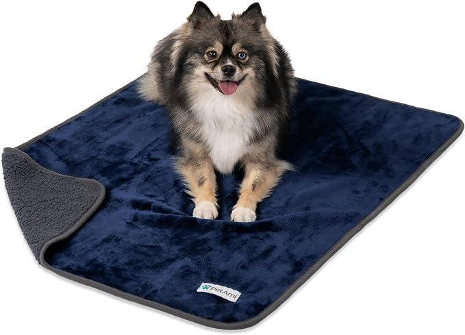 PETAMI Sherpa Fleece Waterproof CAT and Dog Blanket, Navy/Gray, Medium by PetAmi