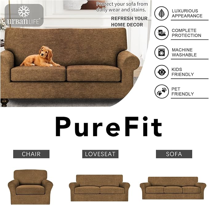 URBANLIFE 3-Piece Stretch Sofa Covers for 2 Cushion Couch, Brown | Super fitted spandex slipcovers for couches. Non-slip elastic bottom. Machine washable furniture protector for kids & pets. - Image 7