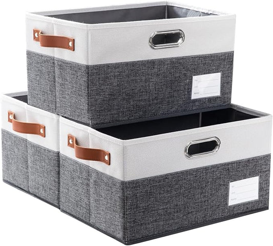 PRANDOM Foldable Storage Bins with Handles [3-Pack] Fabric Collapsible Storage Boxes Baskets Cubes Containers with Handles for Closet Living Room Bedroom (Grey & White 14.9x9.8x8.3'') by Prandom