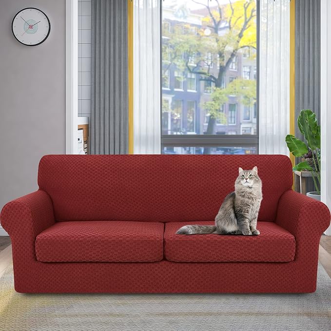YEMYHOM Latest Checkered 3 Pieces Couch Covers for 2 Cushion Couch High Stretch Sofa Cover with 2 Extra Large Seat Cushion Covers Anti Slip Elastic Slipcovers (Christmas Wine Red), 71"-91"(2 CUSHIONS) - Image 8