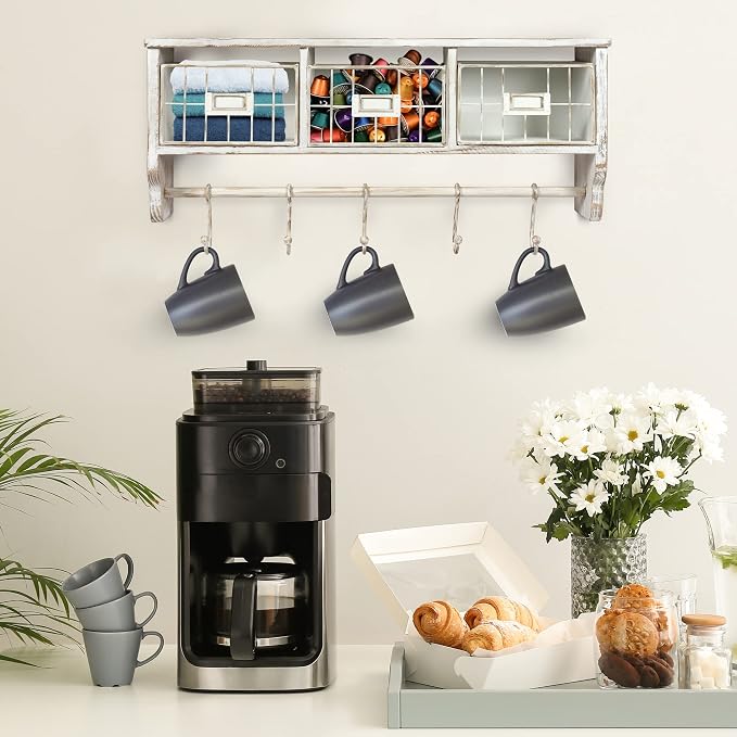 HBCY Creations Wall Mounted Shelf with Coat Hooks and Baskets, Solid Wood Entryway Organizer Wall Shelf with Hooks - Hang Coats, Keys or Coffee Mugs, Rustic Whitewashed 24" Wide - Image 8