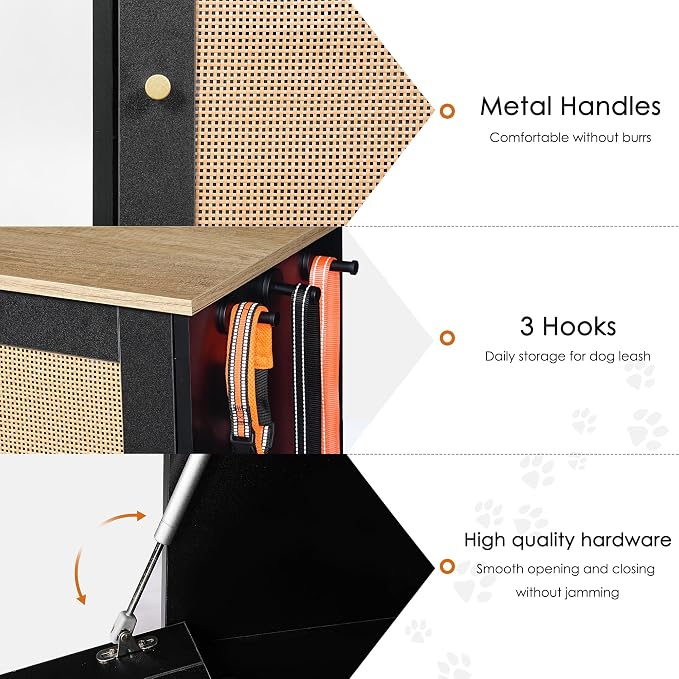 Feeding Station with 2 lockers, pet Feeding Station with 2 Elevated Dog Bowls, Side Hooks, Anti-Tipping kit, Hidden pet Feeding Station for Feeding and Watering, Rattan Door, Black - Image 5