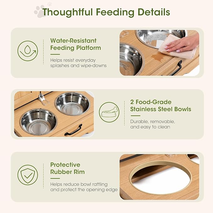 Dog Cabinet, Dog Feeding Station with Hidden Pull-Out Feeder, Oak | 5.9" Elevated Feeding Height, 2 Stainless Steel Bowls, Adjustable Shelf, 3 Side Hooks, Dog Food Storage Organizer - Image 4