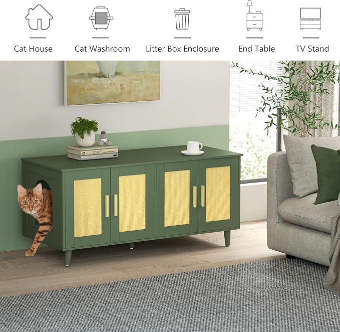 Homhedy Boho Cat Litter Box Enclosure for 2 Cats, Green and Natural | Hidden Litter Box Furniture with Double Rattan Decorated Doors, Cat Washroom, Cat House, Dog-Proof, TV Stand - Image 7