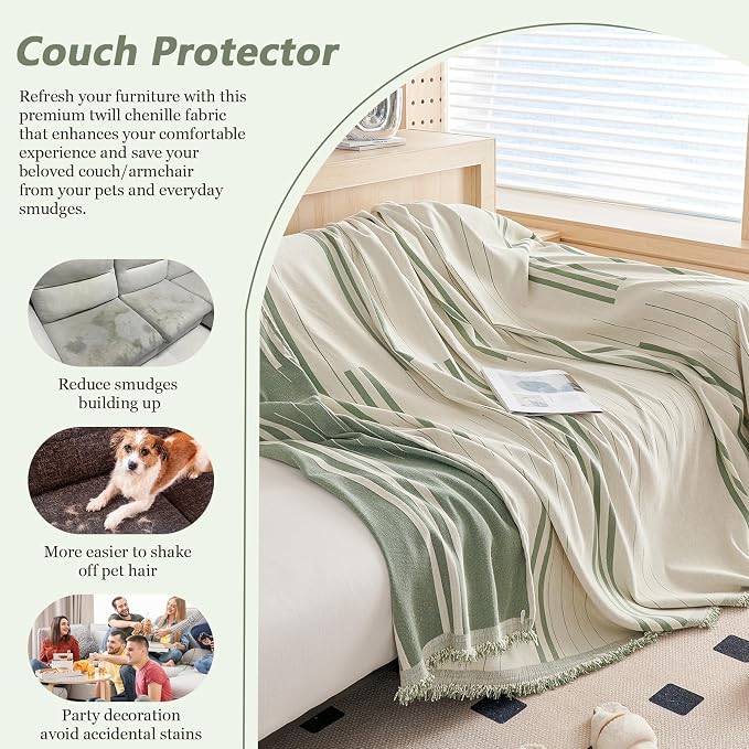 DREAMINGO Chenille Armchair Cover Jacquard Sofa Covers Washable Furniture Protector Recliner Couch Cover 1 Cushion Reversible Chair Cover Beige Green Striped Couch Cover Blanket 71"x 71" - Image 5