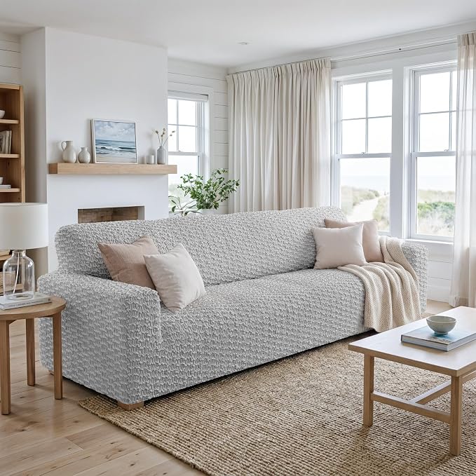 PAULTO BY GA.I.CO. Stretch Sofa Slipcovers – Soft Elastic Fabric Couch Cover for Armchair Loveseat 3-Seater & 4-Seater Sofa Cover – Non-Slip Furniture Protector Washable - Light Grey (86"-120" Wide) - Image 2