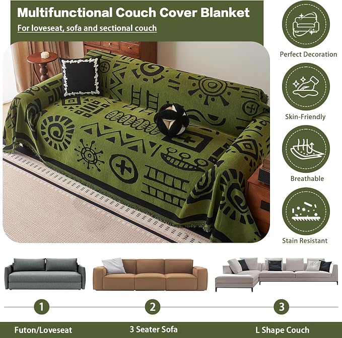 DREAMINGO Green Japandi Couch Cover Boho Tribal Jacquard Sofa Covers for 3 Cushion Couch Thick Soft Chenille Living Room Furniture Futon Sectional Sofa Slipcovers Washable, XX-Large 71"x150" - Image 3