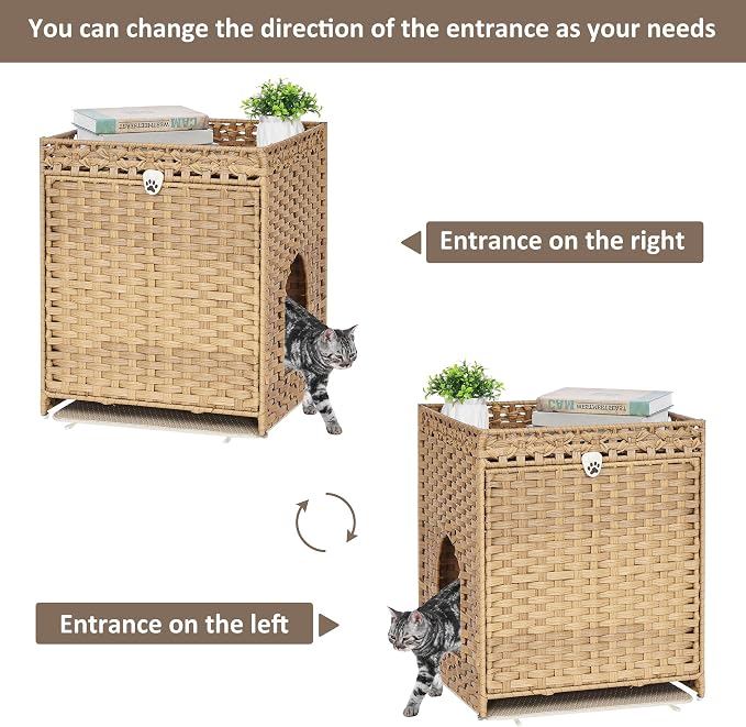 Cat Litter Box Enclosure with Door, Hidden Cat Washroom Furniture | Handwoven PP Wicker; Soft Litter Mat Included; Spacious Interior; Furniture-Style Design; Indoor Home Décor - Image 6