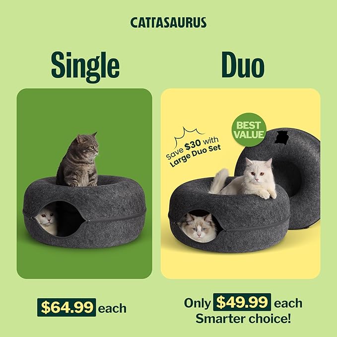 Cattasaurus Peekaboo Cat Cave Donut for Multiple & Large Cats up to 30-45 lbs, 3-in-1 Self Warming Cat Bed, Tunnel & Scratcher for Indoor Cats, Washable & Detachable (Dark Gray + Dark Gray, Large) - Image 2